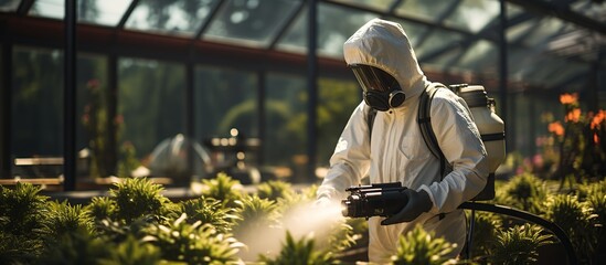 Top view of an unrecognizable person in white chemical protection suit doing disinfection and spraying of public areas to stop highly contagious corona virus - obrazy, fototapety, plakaty