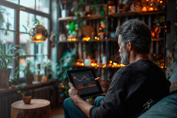 A mature man with silver hair sits comfortably at home, engrossed in examining complex financial charts on his tablet. The cozy room is warmly lit with string lights, creating an inviting atmosphere - obrazy, fototapety, plakaty