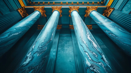 Symmetrical view of ornate blue columns with golden capitals in a classical architecture setting.