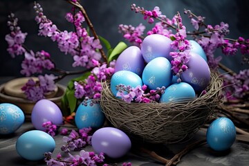 Fototapeta na wymiar Happy Easter. Congratulatory easter background. Easter eggs and flowers - generative ai
