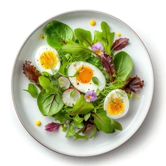 Fototapeten Elegant vegetarian salad with boiled eggs and greens, decorated with flowers, on a round ceramic plate. White background. Healthy eating. Top view, from above. © Studio Light & Shade