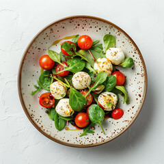 Vegetarian salad with cherry tomatoes, bocconcini cheese, and spinach, on a ceramic plate, garnished with soy sauce and pepper. Top view, white background. Healthy eating, tasty food.
