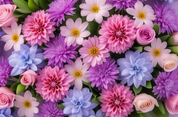 Fototapeta premium Close-up top view of a spring colorful bouquet in pastel colors 