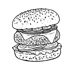 Monochrome sketchy hand drawn vector line art illustration of a hamburger with cheese, lettuce, and tomatoes