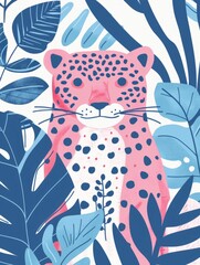 A pink and blue leopard standing amidst lush tropical leaves in a vibrant jungle setting