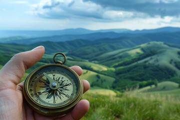 Hand holding a compass with a scenic mountain landscape in the background. Exploration and adventure concept. Design for travel guide, banner, and navigational tools promotion. - obrazy, fototapety, plakaty