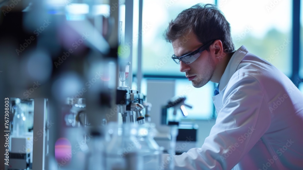 Poster an engineer is conducting experiments in a science lab, wearing a lab coat. aig41