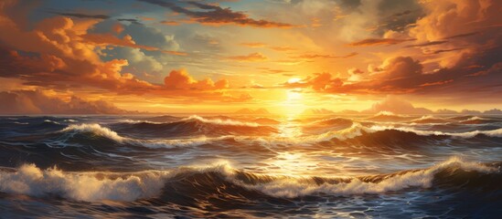 Naklejka na ściany i meble A stunning natural landscape painting capturing a sunset over the ocean, with waves crashing on rocks under a sky filled with cumulus clouds and an afterglow of dusk