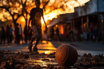 Animated street basketball departure at sunset., generative IA - obrazy, fototapety, plakaty