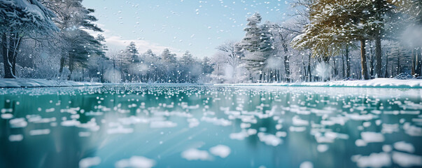 A frozen lake surrounded by snow-covered trees, a clear reflection visible on the ice, snowflakes in motion,
