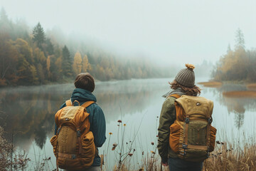 couple on the lake, Two hikers with backpacks overlooking a misty lake. Serene nature exploration photography. Peace and tranquility concept. Design for poster, banner, and nature blog. - obrazy, fototapety, plakaty