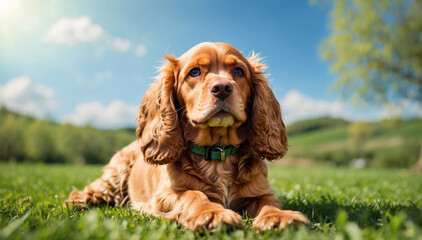 Cute dog lying on a green grass field nature
