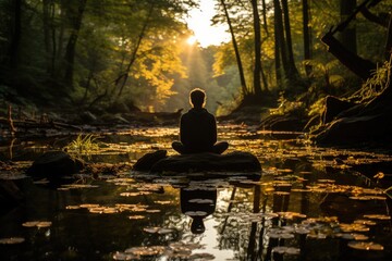Serene meditation on the edge of quiet stream., generative IA