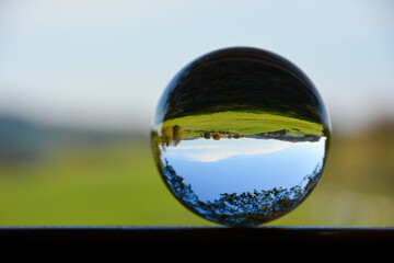Green landscape reflected in a sphere