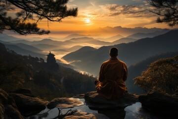 Man meditate on the mountain at dawn., generative IA - obrazy, fototapety, plakaty