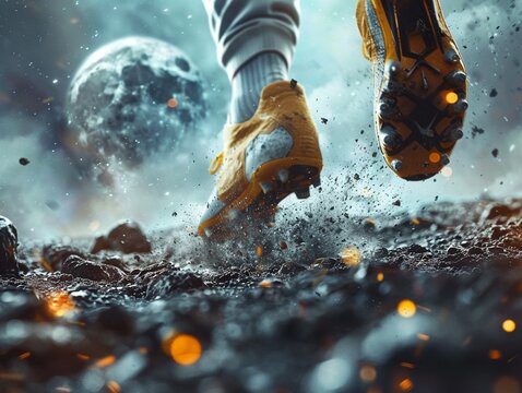 Embark on a celestial adventure with a closeup encounter of a football players foot, its focus unwavering as it prepares to kick the ball towards the moon