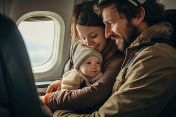 Obraz premium A young Caucasian couple, cherishing their precious infant, takes their seats on an airplane. Anticipation and tenderness fill their faces as they embark on their inaugural family journey.