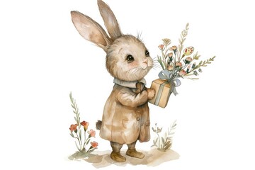 Obraz premium Watercolor vintage boy Easter bunny rabbit in suit holding bouquet of flowers and gift box isolated on white background. Watercolor hand drawn illustration sketch