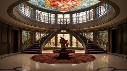 Lavish Venetian-inspired circular entrance rotunda with curved double stair domed ceiling mural and antique glass lantern above. - obrazy, fototapety, plakaty