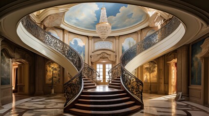 Lavish Venetian-inspired circular entrance rotunda with curved double stair domed ceiling mural and antique glass lantern above. - obrazy, fototapety, plakaty