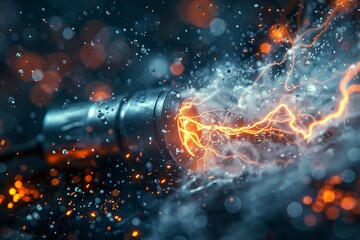 Step into the realm of wonder with a closeup encounter of a battery charger, where the pulsating energy of lightning dances across its surface - obrazy, fototapety, plakaty