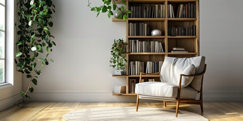 Modern Cozy Reading Nook with Wooden Bookcase and Greenery