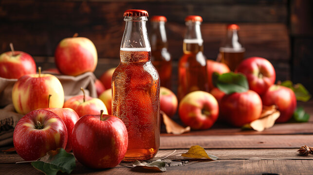 Autumnal apple cider scene with fresh apples and bottles on rustic wooden background