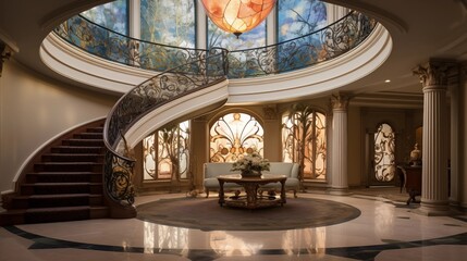 Lavish Venetian-inspired circular entrance rotunda with curved double stair domed ceiling mural and antique glass lantern above.
