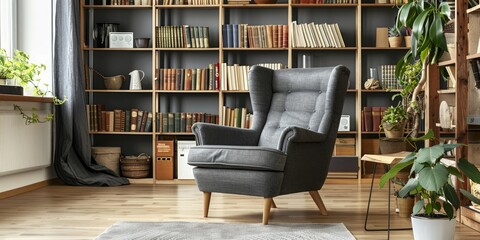 Scandinavian Chic  Cozy Armchair Beside Wooden Bookshelf in Modern Interior Design