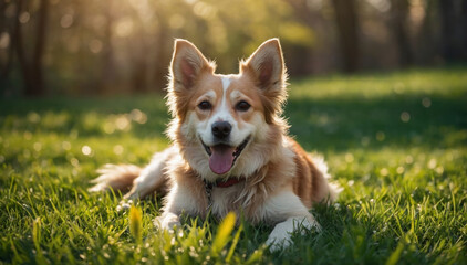 Cute dog lying on a green grass field nature