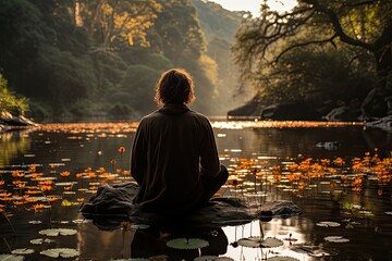 Quiet meditation on the edge of a creek at sunset., generative IA - obrazy, fototapety, plakaty