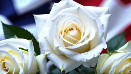 A bouquet of pale roses on the background of the American flag, Memorial Day in the USA, American flag with flowers, Independence Day in the USA