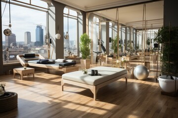 Pilates studio with specialized devices and instructor., generative IA