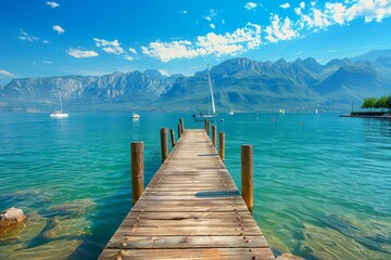 A wooden dock extending into the center of a calm body of water, surrounded by nature - obrazy, fototapety, plakaty