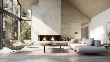 Light and airy minimalist great room with vaulted ceilings massive windows and sleek concrete fireplace.