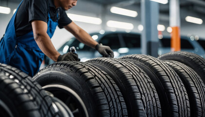 Fototapeta na wymiar Car care maintenance and servicing Tires in the auto repair service