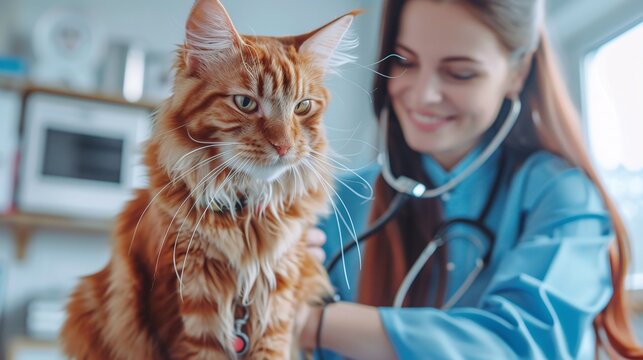 veterinarian examining maine coon cat with stethoscope, smiling during pet checkup, cat owner waiting at veterinary clinic, healthcare and treatment