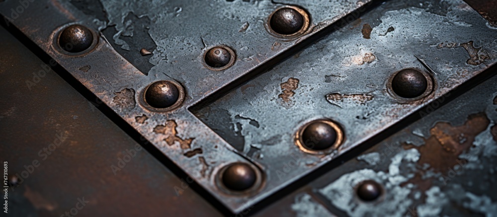 Poster a detailed closeup of a metal auto part with rivets, showcasing intricate engineering and pattern on