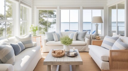 Light and airy seaside bungalow with shiplap walls and beachy accents.