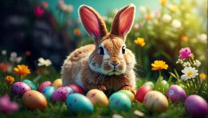 Fototapeta na wymiar Easter bunny with eggs in flower background