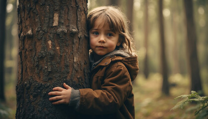 Child hugging a tree in the outdoor forest, global problem of carbon dioxide and global warming. 