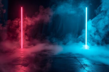Obraz premium A dark room illuminated by neon lights, with smoke lingering in the air, creating a mysterious and edgy atmosphere