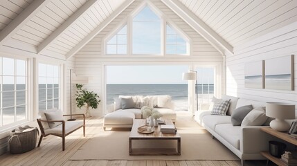 Light and bright beach cottage with vaulted wood ceilings white shiplap walls and ocean views. - obrazy, fototapety, plakaty
