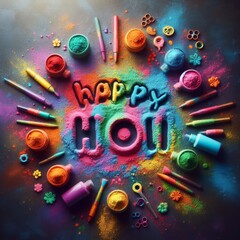 Colorful holi powder in bowls and text Happy Holi on dark background