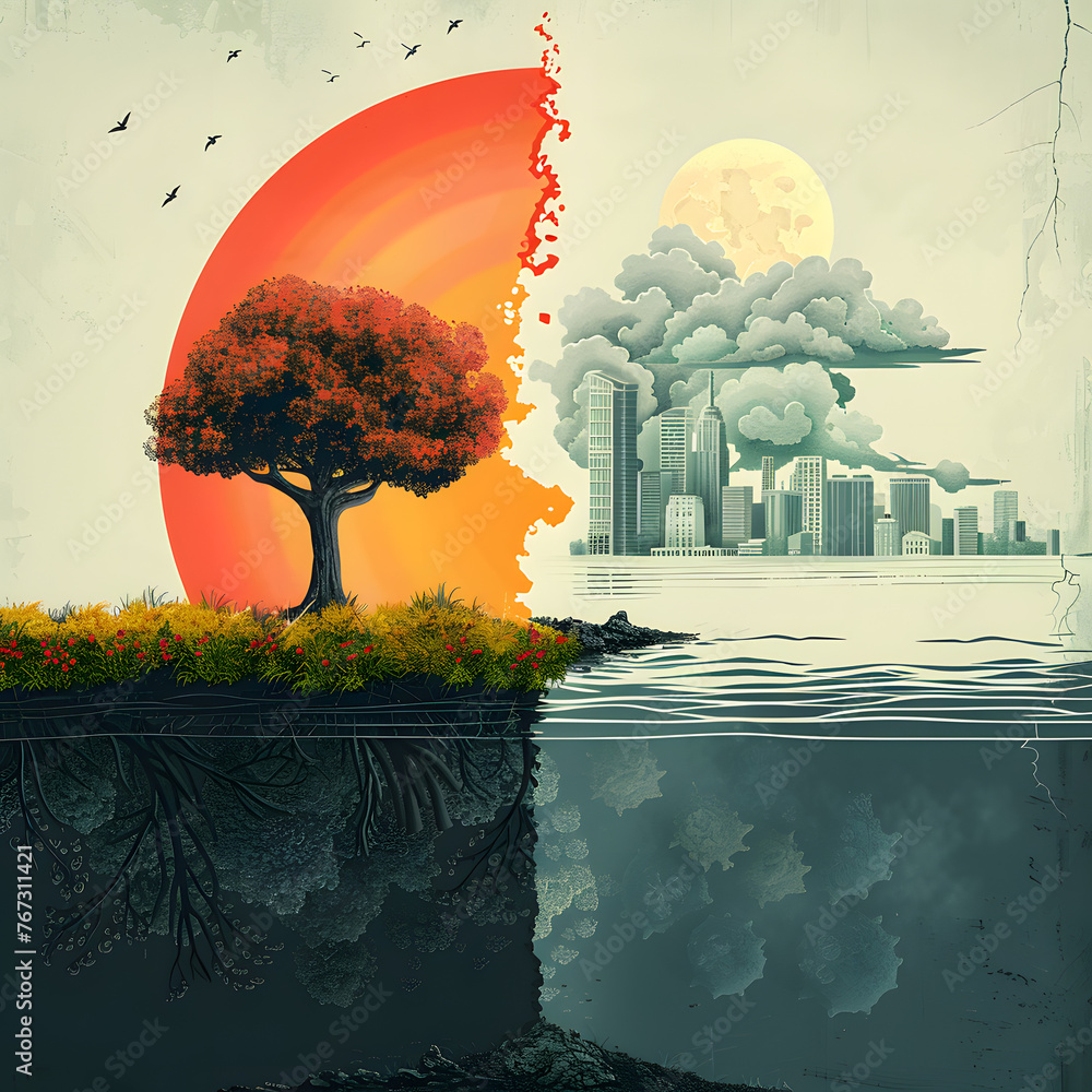 Poster minimalistic cartoon showing the mitigation gap between temperature increase and mitigation emission