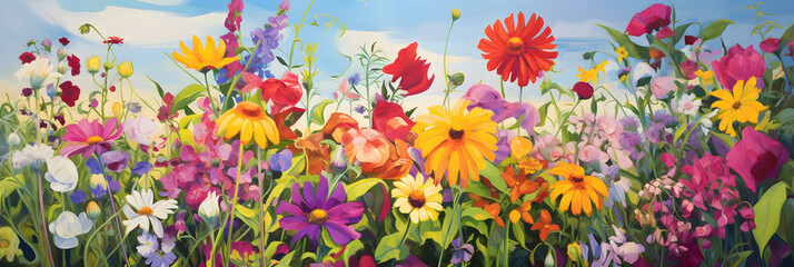 Vibrant Canvas of Radiant Petals: A Stunner Display of Bright, Colorful Flowers in Full Bloom - obrazy, fototapety, plakaty