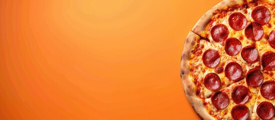 Pizza pepperoni design mockup flyer or poster with a creative layout displayed on a summer orange background, suitable for promotions and discounts with ample copy space,