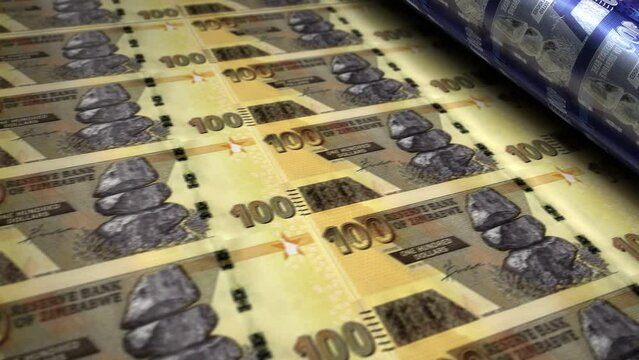 Zimbabwe money Zimbabwean dollars banknotes printing roll machine loop. Paper ZWL 100 bank note print 3d looping seamless. Abstract concept of banking, finance, economy and crisis.