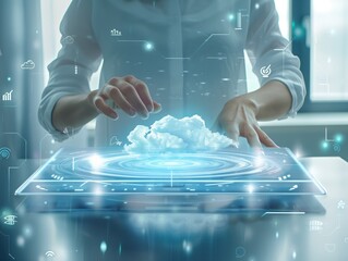 A woman is using a tablet to interact with a cloud. Concept of technology and innovation, as well as the idea of harnessing the power of the cloud for various purposes