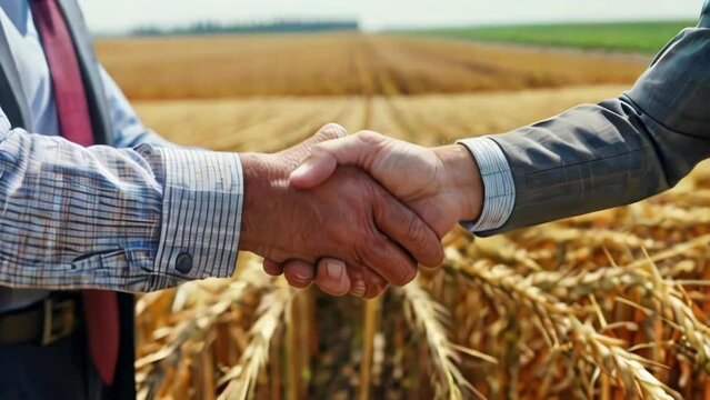 Farmer and businessman shake hands against backdrop of agricultural field, close-up. Grain deal and purchase of food raw materials.
